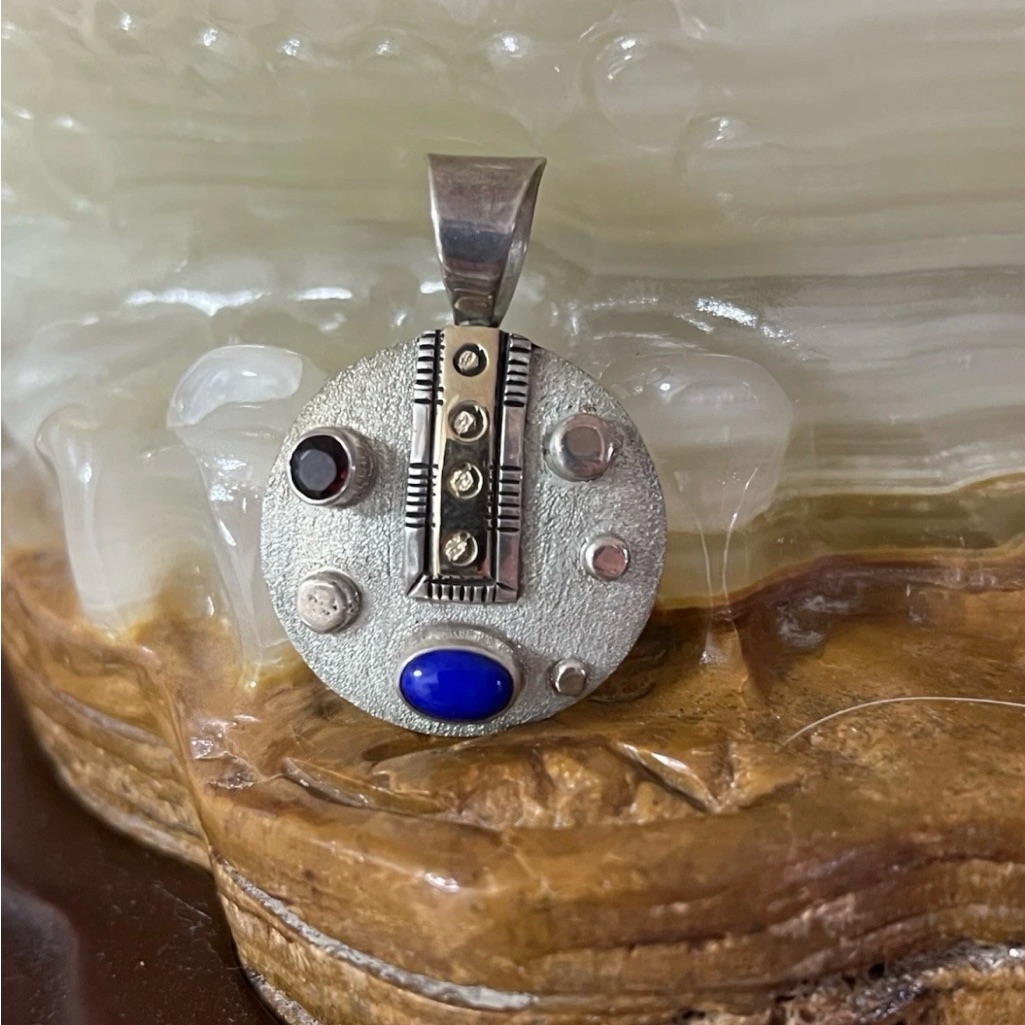 Signed Monte 14k Gold & 925 Sterling Ruby Lapis Lazuli Pendant 6g Estate Rare